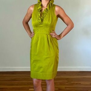 Taylor V neck ruffle dress in olive green